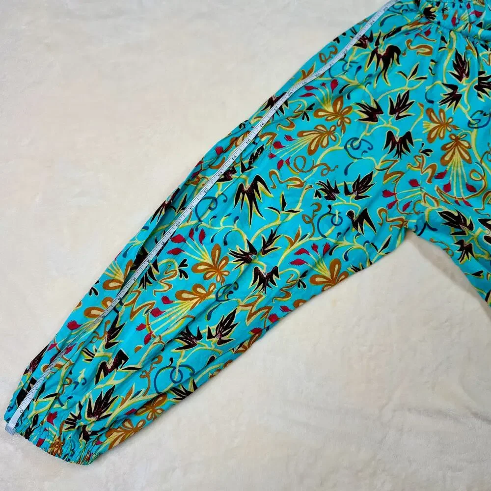 ALC Tropical Cotton Blouse Balloon Sleeve Turquoise 12 Resort Vacation Cruise - Picture 10 of 16